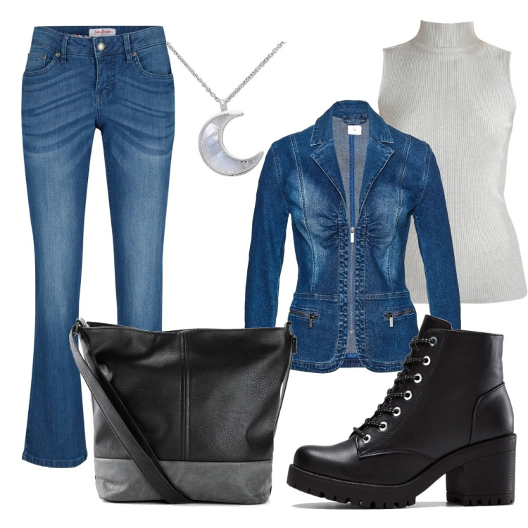 Outfit donna - In jeans. Stile Casual per Tutti i giorni. Abbinamento con jeans bootcut, stivaletti, blazer, shopping bag, pullovers, collane.