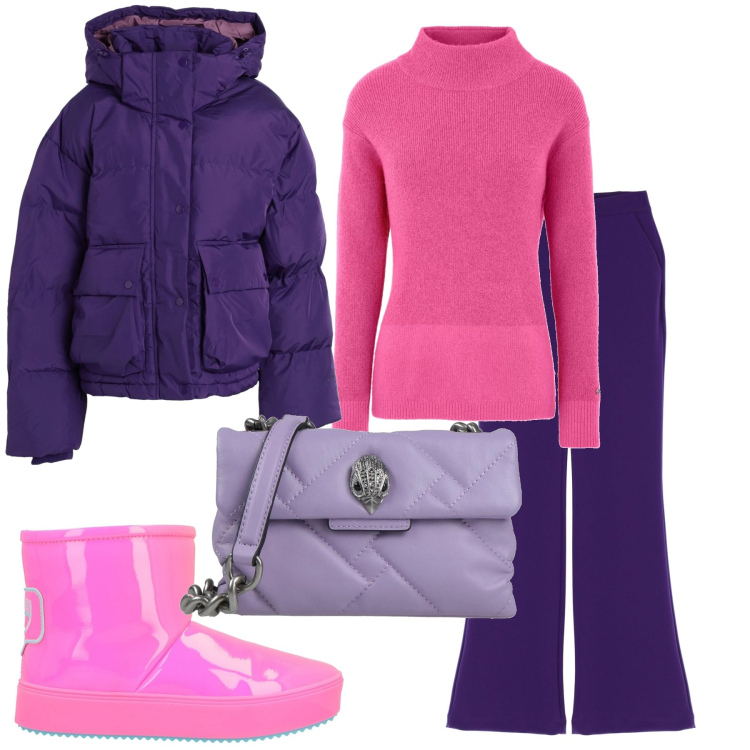 Outfit donna - Viola on the road. Stile Preppy per Scuola/Università. Abbinamento con stivaletti, piumini, maglieria, borse a tracolla, pantaloni.