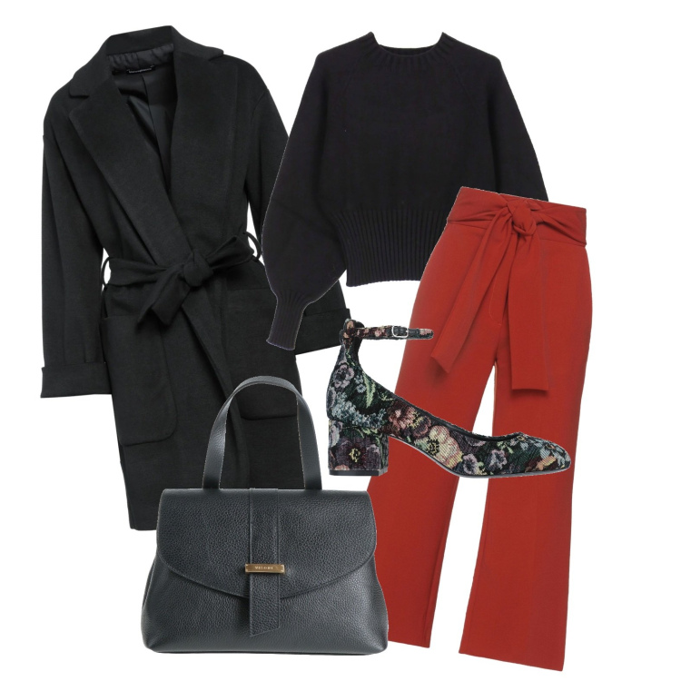 Outfit donna - Il cappotto annodato stretto. Stile Casual chic per Tutti i giorni. Abbinamento con décolleté, pantaloni, cappotti, borse a mano, maglieria.