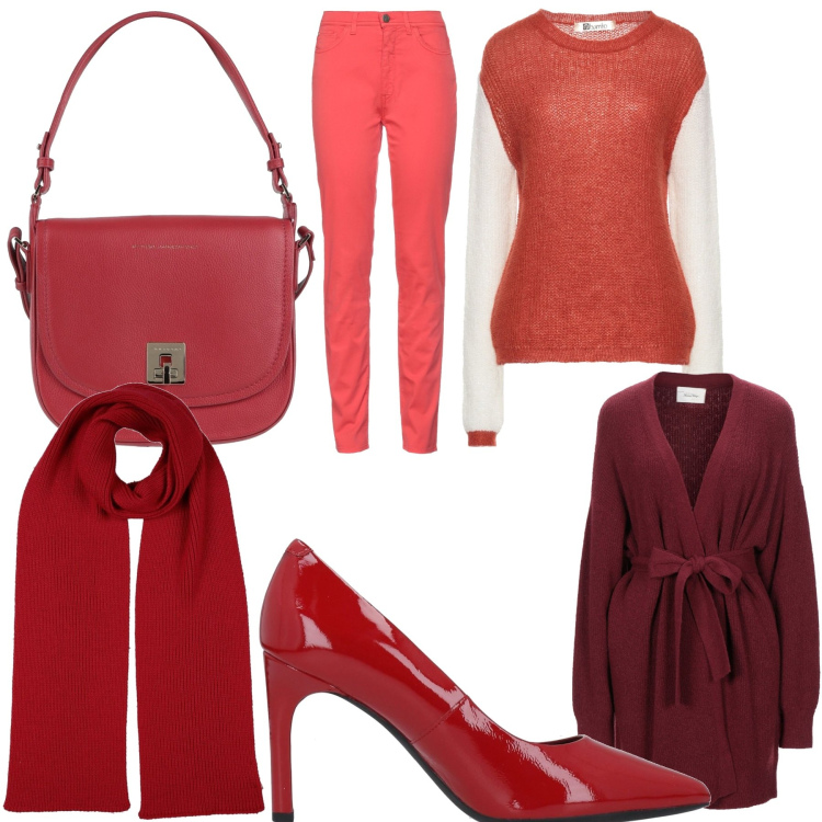 Outfit donna - New year party. Stile Casual chic per Serata fuori. Abbinamento con décolleté, pantaloni, cardigans, pullovers, borse a mano, sciarpe.