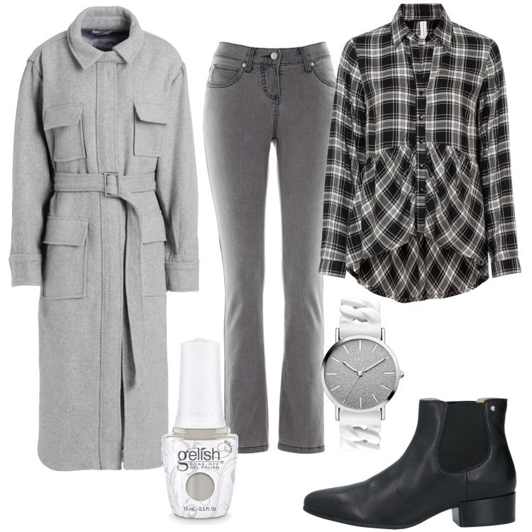 Outfit donna - Il cappotto grigio. Stile Mannish per Tutti i giorni. Abbinamento con jeans slim fit, camicie, cappotti, stivaletti, orologi, smalti.