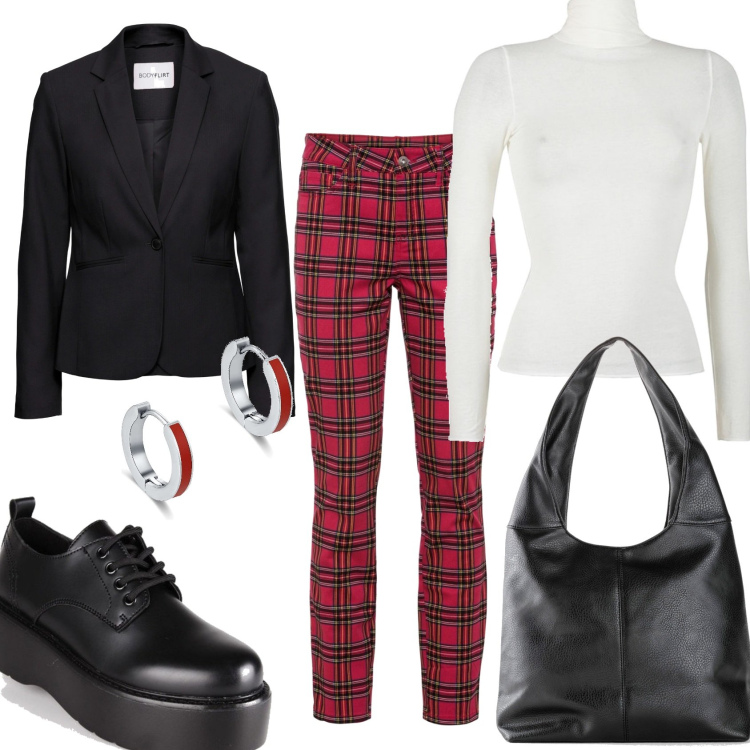 Outfit donna - Mi vesto in scozzese rosso. Stile Casual chic per Tutti i giorni. Abbinamento con blazer, pantaloni, borse a spalla, maglieria, francesine, orecchini.