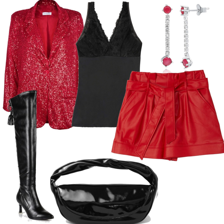 Outfit donna - Invitata ad un serata scintillante. Stile Trendy per Serata fuori. Abbinamento con top, blazer, stivali sopra il ginocchio, orecchini, bermuda, pochette.