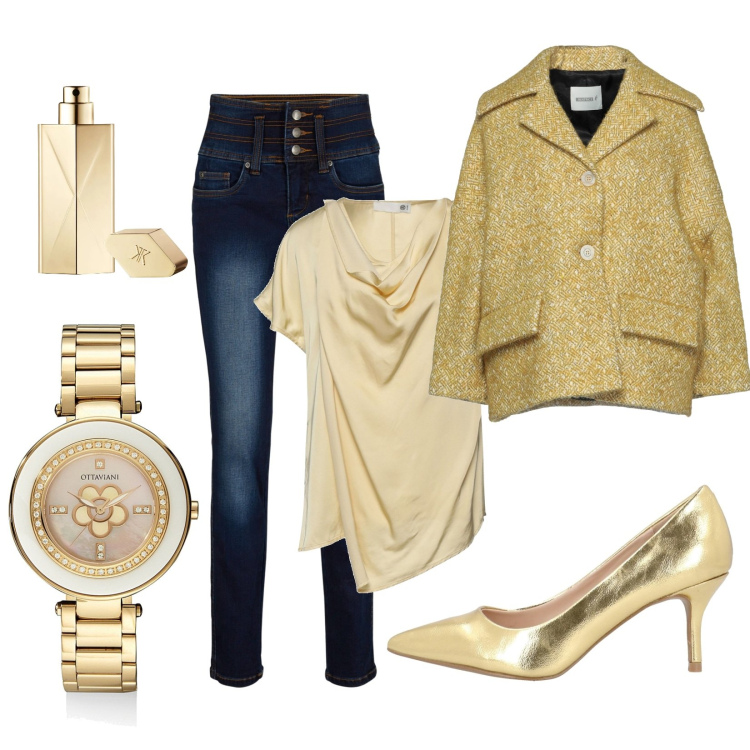 Outfit donna - P€@ly G°old. Stile Casual chic per Serata fuori. Abbinamento con bluse, cappotti, décolleté, jeans, orologi, profumi.