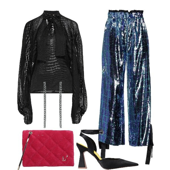 Outfit donna - Il pantalone che si fa notare. Stile Glamour per Serata fuori. Abbinamento con bluse, pantaloni, décolleté, borse a mano, orecchini.