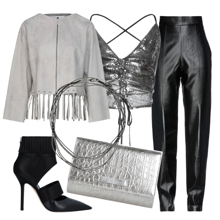 Outfit donna - Metallica per il party di mezzanotte. Stile Glamour per Serata fuori. Abbinamento con pantaloni, top, collane, giacche, stivaletti, borse a mano.