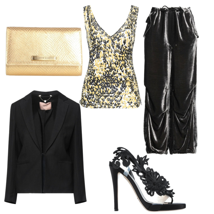 Outfit donna - Party girl. Stile Glamour per Serata fuori. Abbinamento con sandali in pelle, blazer, top, pantaloni, borse a mano.
