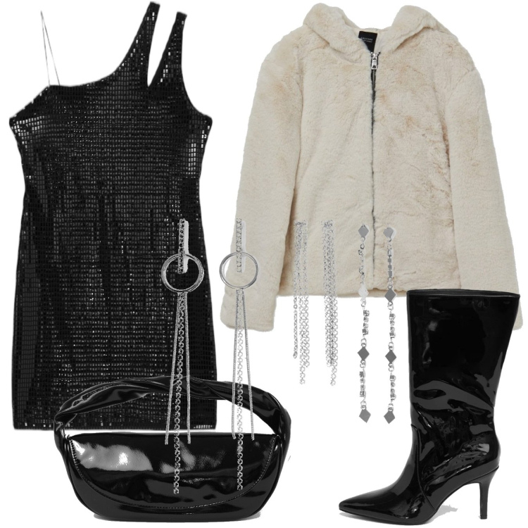 Outfit donna - Glam a capodanno. Stile Glamour per Serata fuori. Abbinamento con giacche, vestiti asimmetrici, pochette, stivali, orecchini.