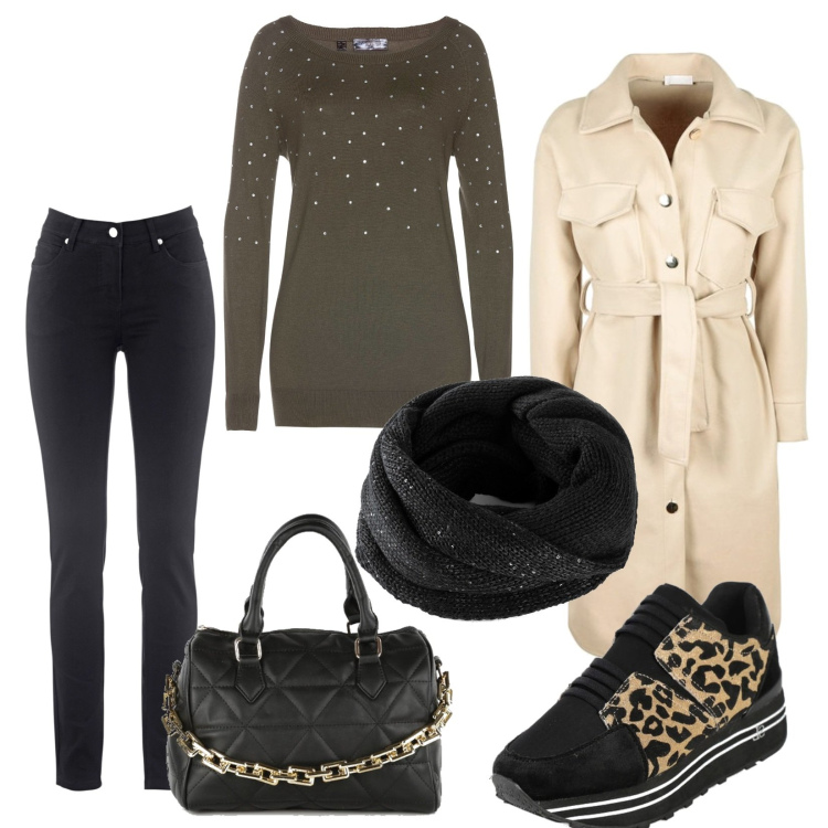Outfit donna - Total look #1497274. Stile Urban per Tutti i giorni. Abbinamento con jeans slim fit, maglieria, foulard, sneakers, borse a mano, cappotti.