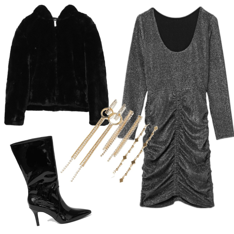 Outfit donna - Oro e argento a Capodanno. Stile Glamour per Serata fuori. Abbinamento con vestiti, giacche, stivali, orecchini.