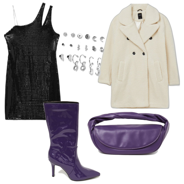 Outfit donna - Glamour #14095. Stile Glamour per Serata fuori. Abbinamento con cappotti, vestiti asimmetrici, pochette, stivali, orecchini.