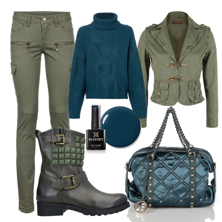 Outfit donna - I toni del verde. Stile Casual per Tutti i giorni. Abbinamento con pantaloni cargo, maglieria, stivaletti, giacche, borse a mano, smalti.