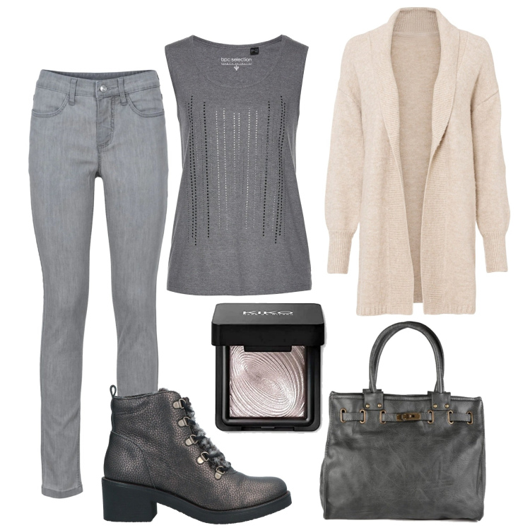 Outfit donna - Urban #10105. Stile Urban per Tutti i giorni. Abbinamento con jeans skinny, top, cardigans, stivaletti, borse a mano, ombretti.