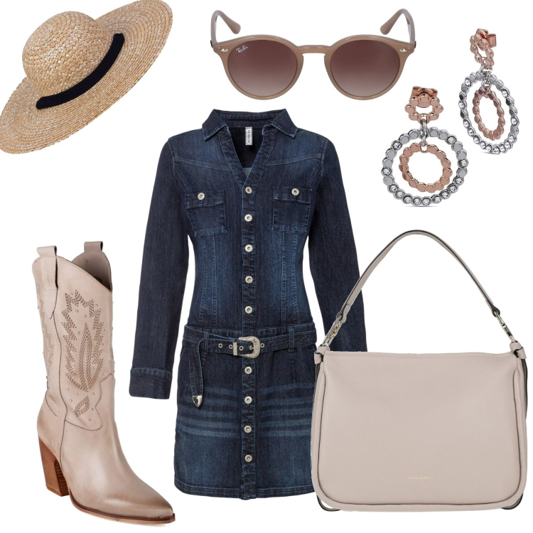 Outfit donna - Vestito jeans e stivali. Stile Trendy per Tutti i giorni. Abbinamento con vestiti, borse a mano, stivaletti texani, orecchini, occhiali da sole, cappelli.