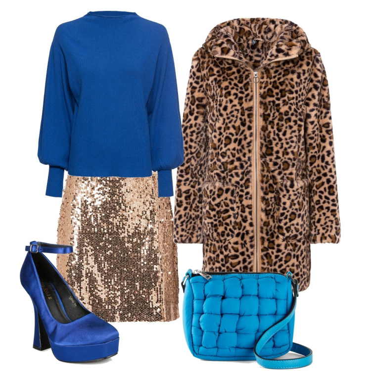 Outfit donna - Paillettes di giorno. Stile Glamour per Tutti i giorni. Abbinamento con maglieria, minigonne, ecopellicce, borse a tracolla, décolleté.