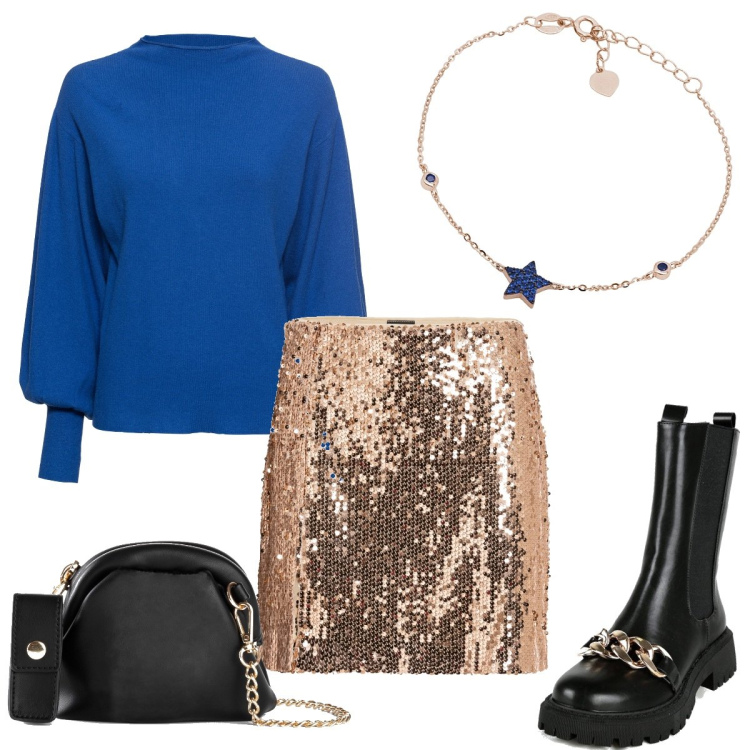 Outfit donna - Brillare con la mini oro. Stile Trendy per Serata fuori. Abbinamento con maglieria, minigonne, borse a tracolla, stivaletti, braccialetti.