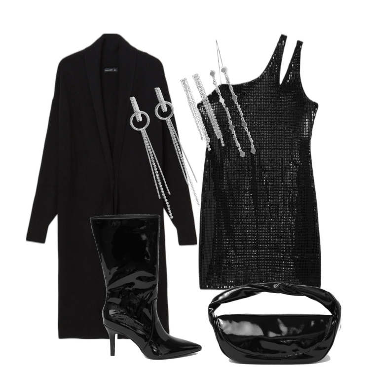 Outfit donna - Glamour #14097. Stile Glamour per Serata fuori. Abbinamento con vestiti asimmetrici, cardigans, pochette, stivali, orecchini.