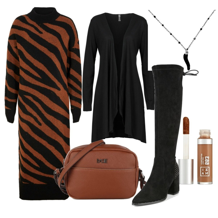Outfit donna - Arancio e nero. Stile Trendy per Tutti i giorni. Abbinamento con cardigans, vestiti, stivali, borse a mano, ciondoli, correttori.
