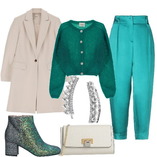Outfit donna - Sui toni del verde. Stile Trendy per Serata fuori. Abbinamento con stivaletti, pantaloni, borse a tracolla, cardigans, cappotti, orecchini.