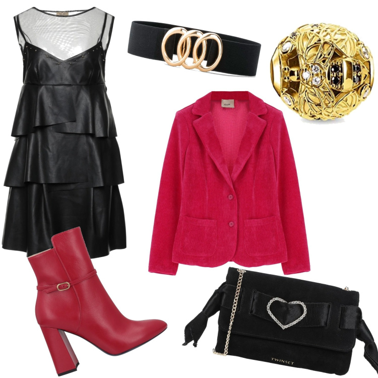 Outfit donna - Granfinale 2 - 2022. Stile Chic per Serata fuori. Abbinamento con cinture, vestiti corti, borse a tracolla, stivaletti, giacche, orologi.