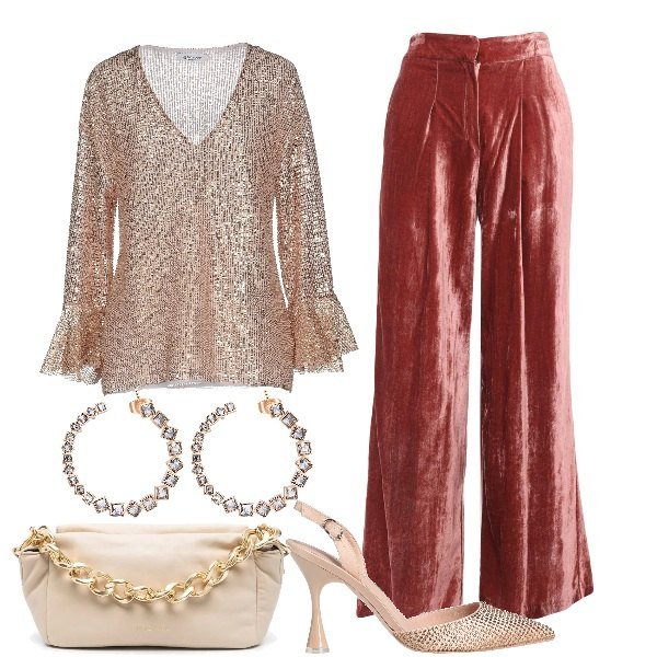 Outfit donna - Velluto e Paillettes. Stile Chic per Serata fuori. Abbinamento con bluse, pantaloni, décolleté, orecchini, borse a spalla.
