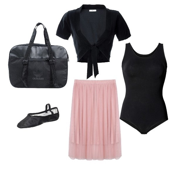 Outfit donna - A scuola di danza. per Sport. Abbinamento con body, vestiti, borsa a mano con zip interno foderato in pelle sintetica tinta unita, gonna midi in tulle rosa, ballerine nero.