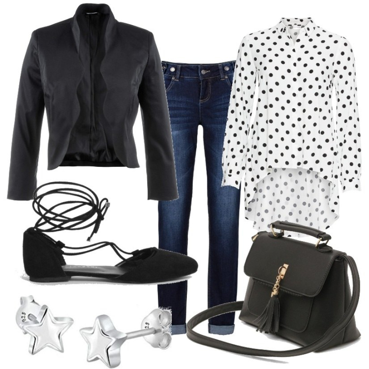Outfit femme - Des pois noirs. Style Casual chic pour Bureau. Assortir avec chemisiers, jean boyfriend, blazers, sacs besace, ballerines, boucles d'oreilles.