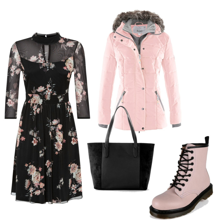 Outfit donna - Fiori rosa (veg ok). Stile Romantica per Tutti i giorni. Abbinamento con piumini, shopping bag, vestiti, anfibi.