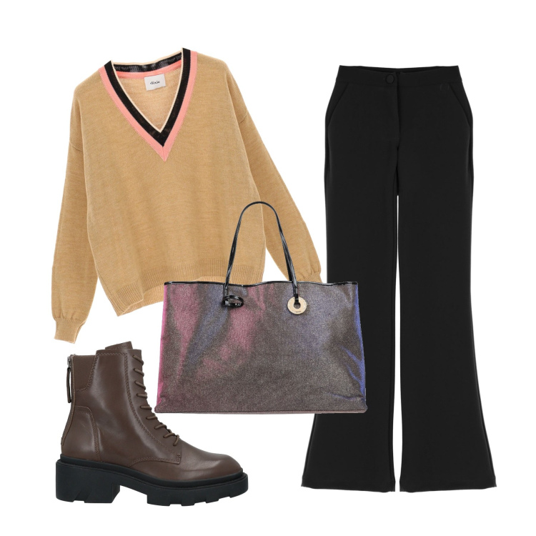 Outfit donna - Borsa opalescente. Stile Casual chic per Tutti i giorni. Abbinamento con stivaletti, borse a spalla, pullovers, pantaloni.