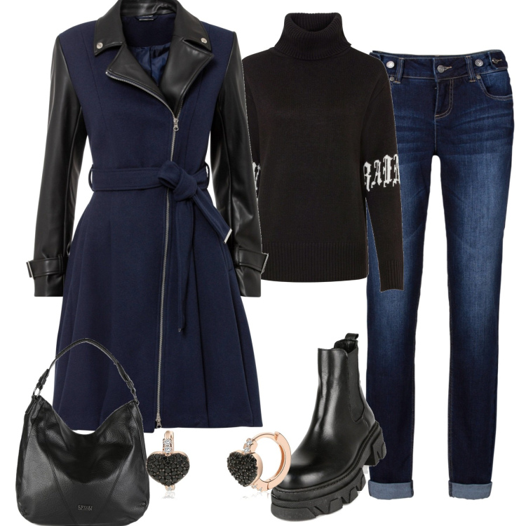 Outfit donna - In città. Stile Casual chic per Tutti i giorni. Abbinamento con jeans boyfriend, cappotti, maglieria, stivaletti, borse a spalla, orecchini.