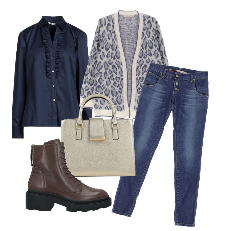 Outfit donna - Almeno la borsa chic. Stile Casual chic per Tutti i giorni. Abbinamento con stivaletti, borse a mano, camicie, cardigans, jeans skinny.