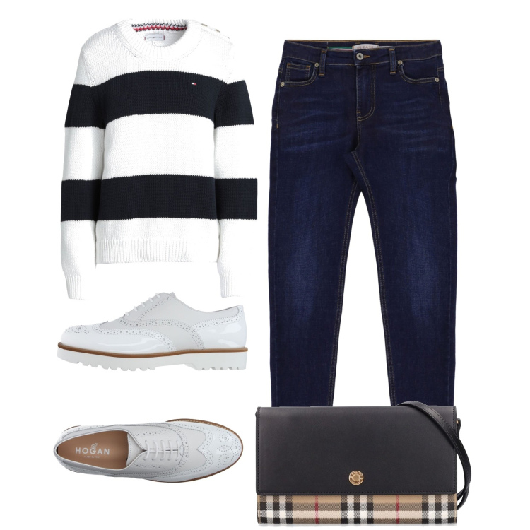 Outfit donna - In città. Stile Casual chic per Tutti i giorni. Abbinamento con scarpe stringate, pullovers, jeans slim fit, borse a spalla.