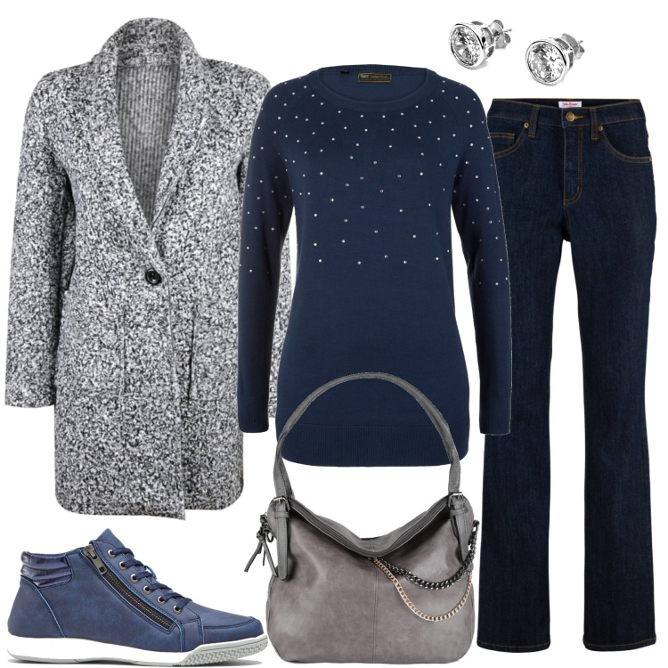Outfit donna - Cielo stellato. Stile Casual chic per Tutti i giorni. Abbinamento con sneakers alte, maglieria, jeans, cappotti, borse a spalla, orecchini.