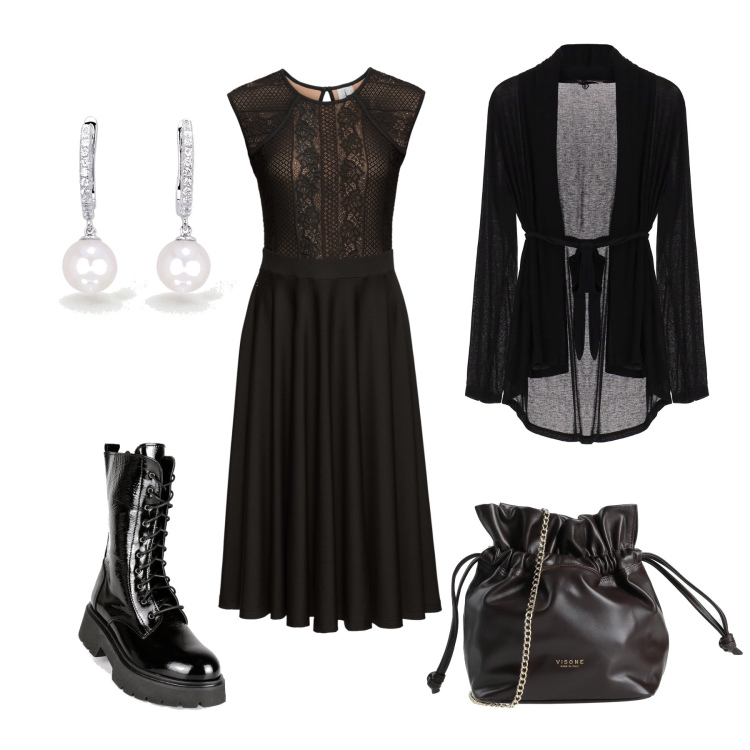 Outfit donna - Abito e anfibio. Stile Romantica per Serata fuori. Abbinamento con vestiti, borse a tracolla, anfibi, orecchini, cardigans.