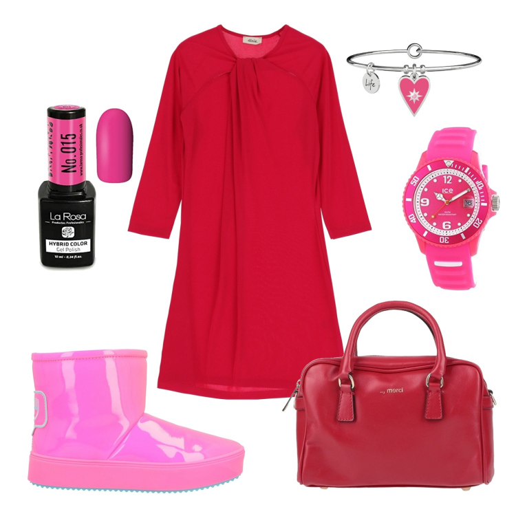 Outfit donna - Fucsia e rosso buon 2023!. Stile Glamour per Tutti i giorni. Abbinamento con stivaletti, borse a mano, ciondoli, vestiti corti, orologi, smalti.