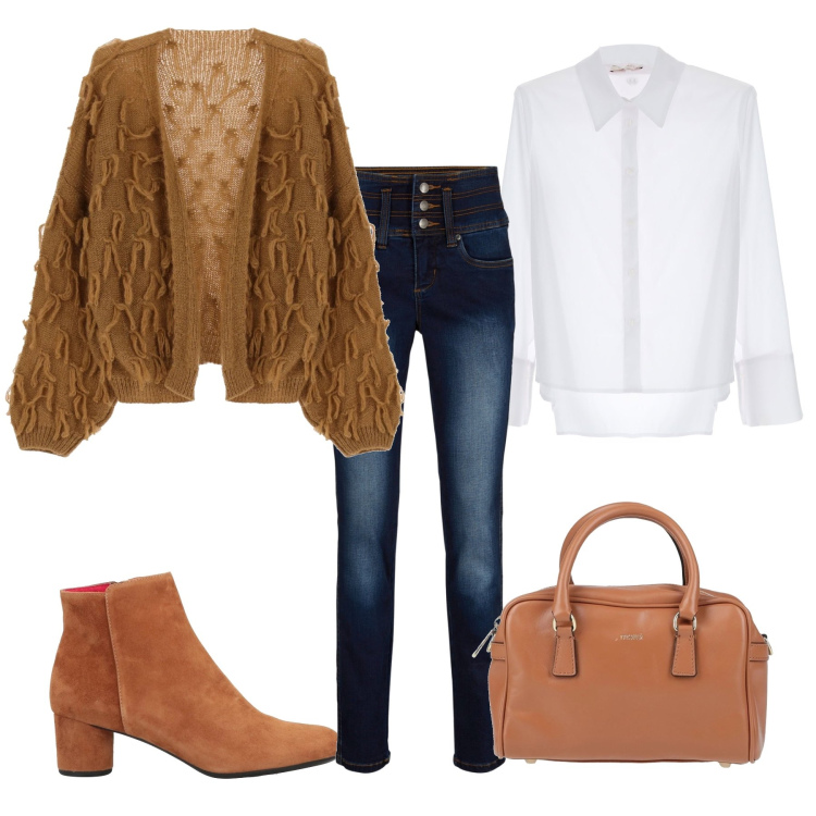 Outfit donna - Da mattina a sera. Stile Casual per Tutti i giorni. Abbinamento con stivaletti, borse a mano, jeans, cardigans, camicie.
