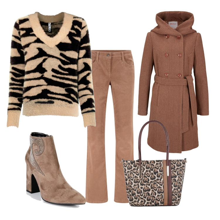 Outfit donna - Tocchi animalier. Stile Trendy per Ufficio. Abbinamento con pantaloni, maglieria, cappotti, stivaletti, borse a spalla.