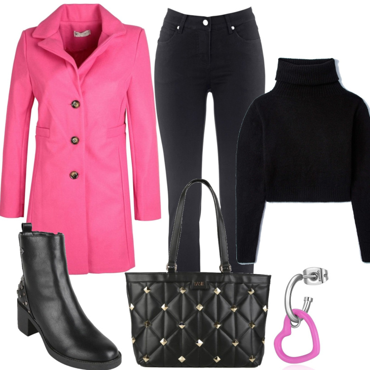 Outfit donna - 2023 in fucsia. Stile Trendy per Tutti i giorni. Abbinamento con jeans slim fit, maglieria, cappotti, stivaletti, borse a spalla, orecchini.