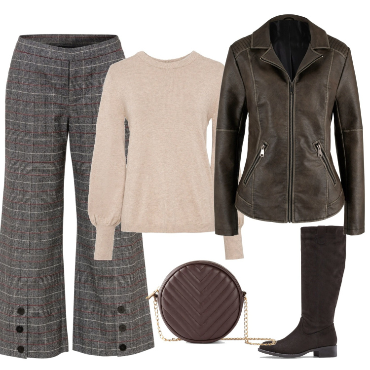 Outfit donna - Borsa rotonda. Stile Urban per Tutti i giorni. Abbinamento con maglieria, stivali, pantaloni culotte, blazer, borse a tracolla.