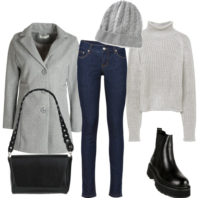 Outfit donna - New year \'s day. Stile Basic per Tutti i giorni. Abbinamento con jeans skinny, berretti, borse a mano, cappotti, stivaletti, maglieria.