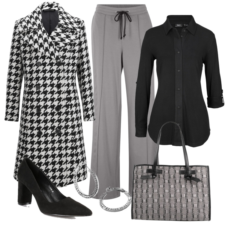 Outfit donna - Lunedì mattina. Stile Casual chic per Tutti i giorni. Abbinamento con camicie, pantaloni, cappotti, borse a mano, décolleté, orecchini.