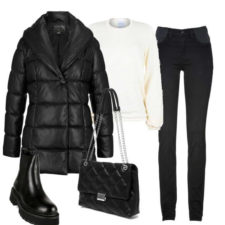Outfit donna - In città. Stile Casual chic per Tutti i giorni. Abbinamento con jeans skinny, giacche, stivaletti, maglieria, borse a spalla.