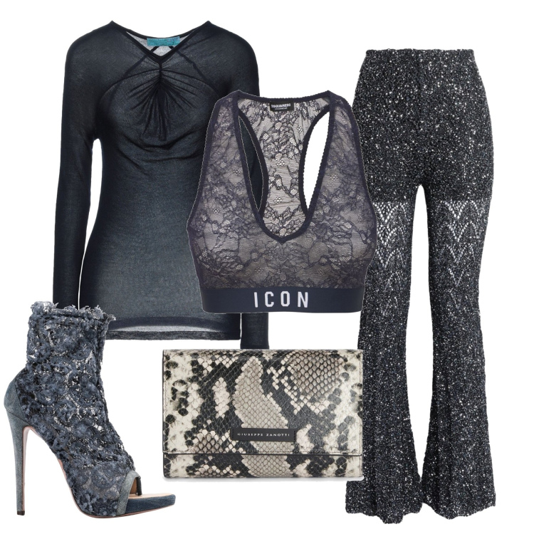 Outfit donna - La serata in discoteca. Stile Trendy per Serata fuori. Abbinamento con leggings, stivaletti, pullovers, clutch, bralette.