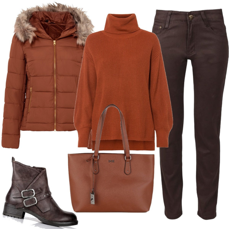 Outfit donna - Calda e comoda. Stile Casual per Tutti i giorni. Abbinamento con giacche, maglieria, pantaloni, stivaletti, borse a spalla.