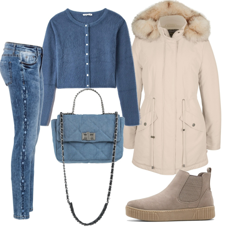 Outfit donna - Azzurro e beige. Stile Basic per Tutti i giorni. Abbinamento con jeans skinny, parka, stivaletti, borse a mano, cardigans.