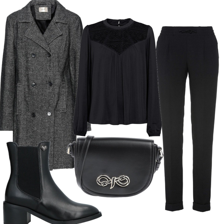 Outfit donna - Total look #1499548. Stile Mannish per Tutti i giorni. Abbinamento con pantaloni, maglieria, cappotti, borse a tracolla, stivaletti.