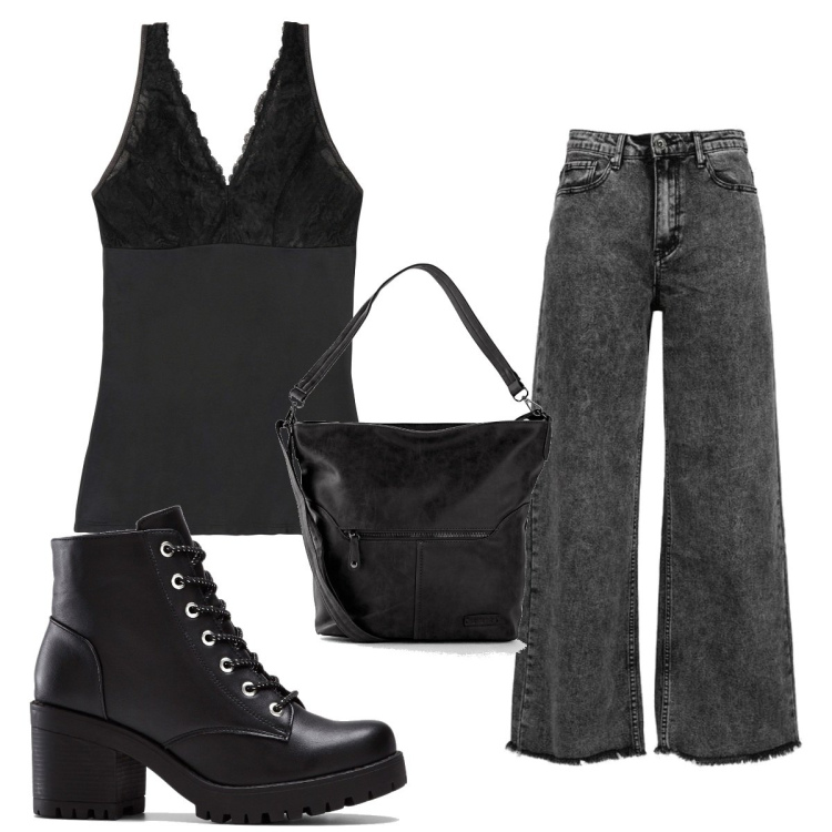 Outfit donna - Total look #1499550. Stile 70s per Tutti i giorni. Abbinamento con top, stivaletti, borse a tracolla, jeans boyfriend.