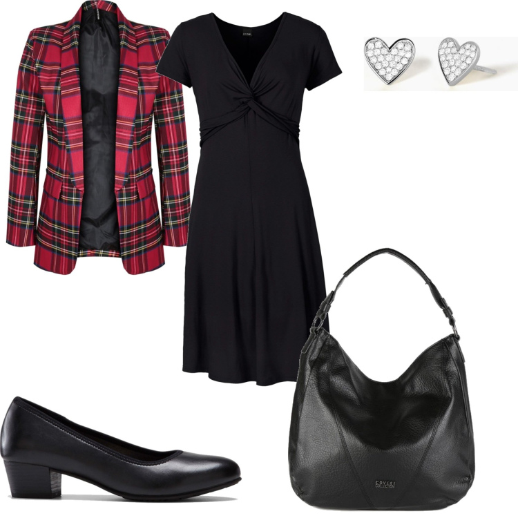 Outfit donna - Scozzese rosso e vestito nero. Stile Glamour per Tutti i giorni. Abbinamento con vestiti lunghi, décolleté, blazer, borse a spalla, orecchini.