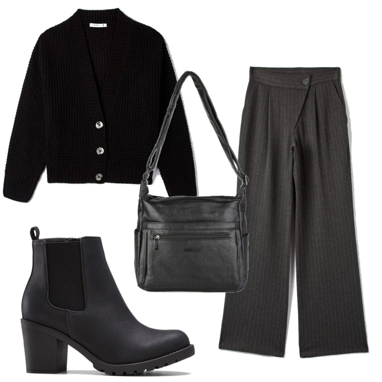 Outfit donna - Total look #1499580. Stile Basic per Tutti i giorni. Abbinamento con stivaletti, pantaloni a palazzo, cardigans, borse a tracolla.