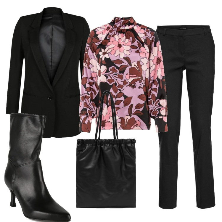 Outfit donna - Total look #1499591. Stile Trendy per Tutti i giorni. Abbinamento con pantaloni, camicie, blazer, stivaletti, shopping bag.